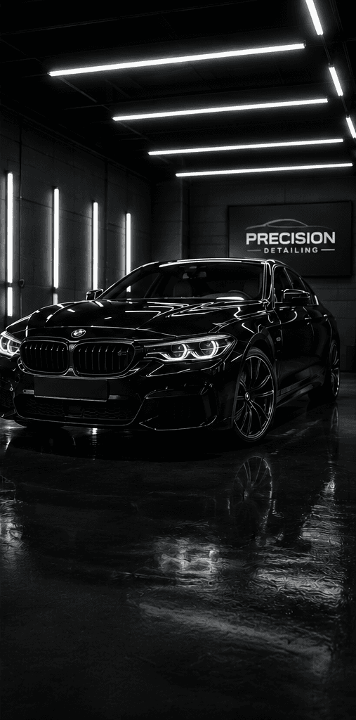 Glossy black BMW sedan in a professional detailing studio with bright overhead LED strip lighting.