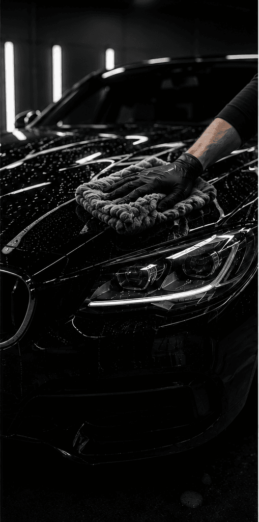 Gloved hand drying a wet black luxury car with a grey microfiber cloth.
